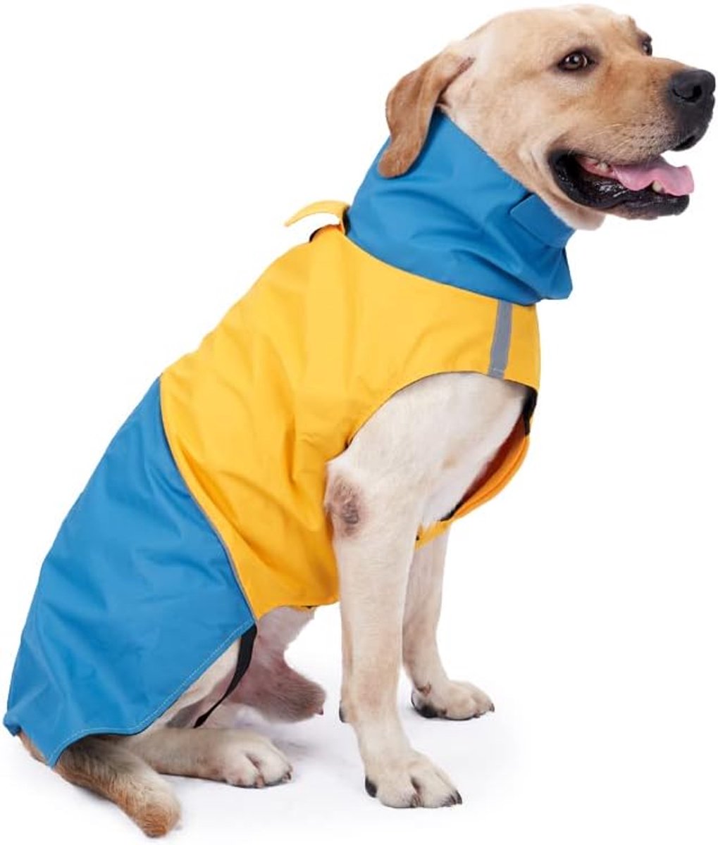 Blue and yellow reflective waterproof dog raincoat