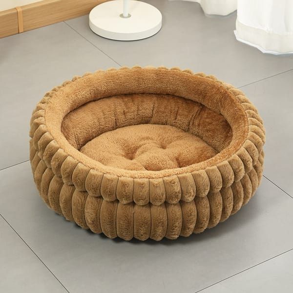 Coffee-Coloured plush round pet bed - Size M