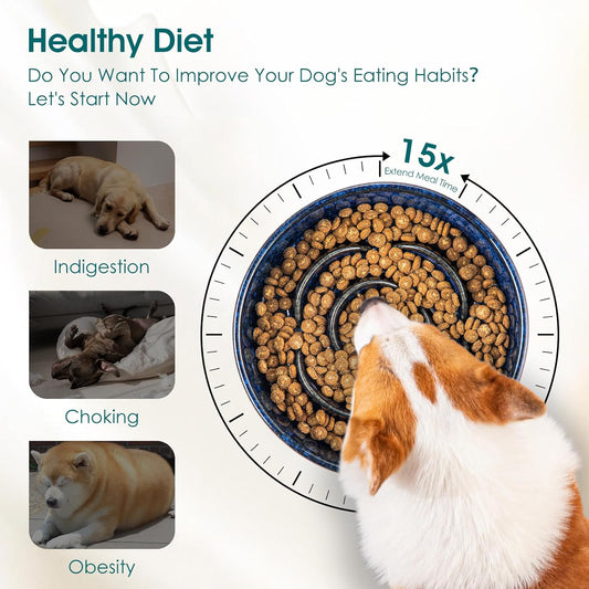 Blue ceramic slow feeder dog bowl