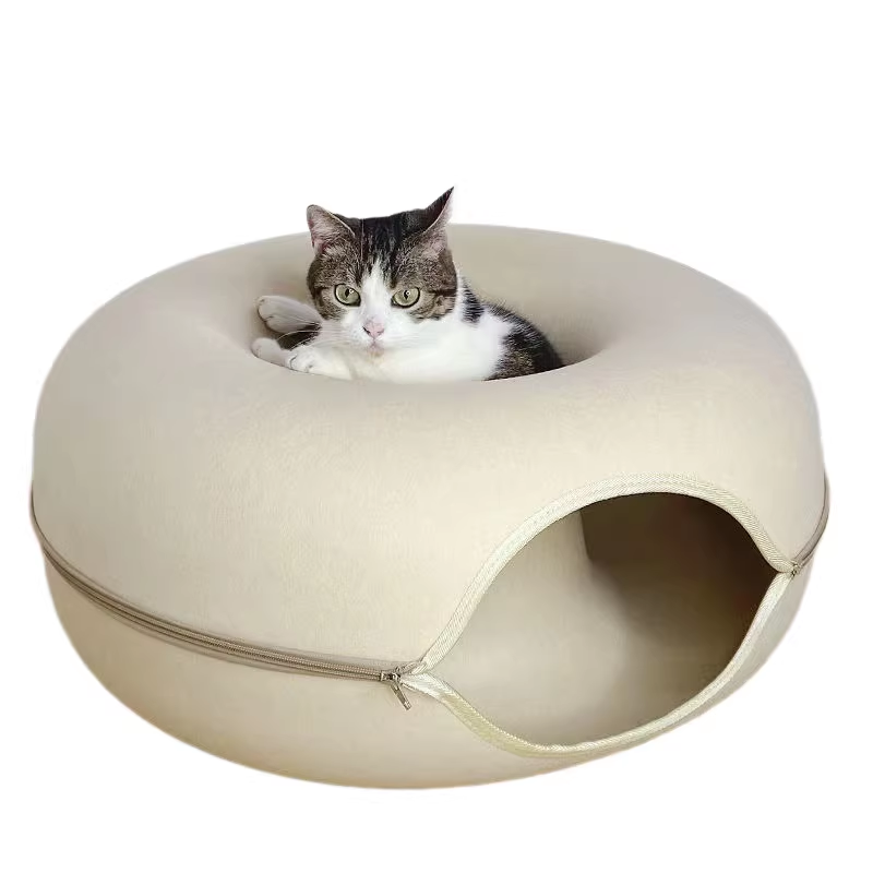 Beige felt donut cat bed