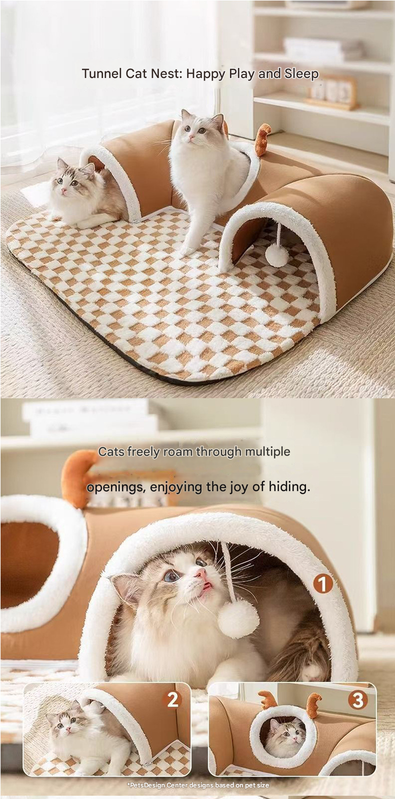 Brown M size Cat Tunnel Bed House 4-Season Universal Removable Washable U-Shaped Cat Cave with Multi-Entrance, Plush Hideaway Pet Nest with Detachable Mat for Indoor Cats, Non-Slip Bottom, Multi-Cat Friendly