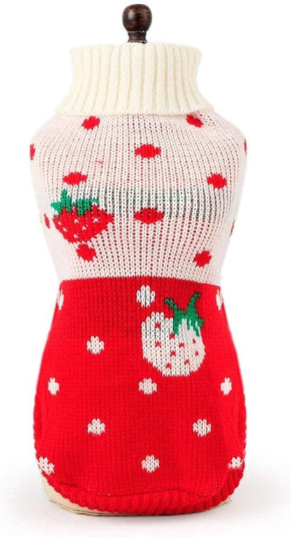 Dog Coat - Dog Sweater - Classic Turtleneck Knit Dog Sweater - Warm Winter Dog Clothes - Cute Strawberry Heart Pattern - Perfect for Small and Medium Dogs - Red - Size S