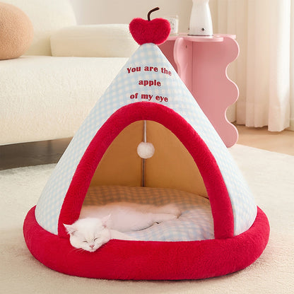 Apples Christmas Tent Christmas Pet Bed Semi Enclosed Cats Bed Dog Bed Removable And Washable Dog Bed Winter Warm Cats Bed As shown