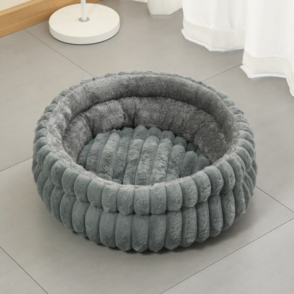 Grey plush round pet bed - Size M