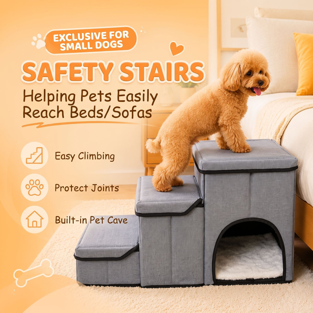 3-in-1 Pet Stairs with Built-in Pet Bed and Storage Compartments, Foldable Oxford Fabric Pet Steps for Small Dogs and Cats to Reach Bed or Sofa, Space-Saving Grey Pet Ramp (Grey)