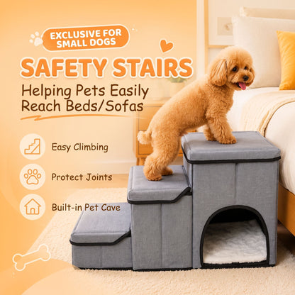 3-in-1 Pet Stairs with Built-in Pet Bed and Storage Compartments, Foldable Oxford Fabric Pet Steps for Small Dogs and Cats to Reach Bed or Sofa, Space-Saving Grey Pet Ramp (Grey)