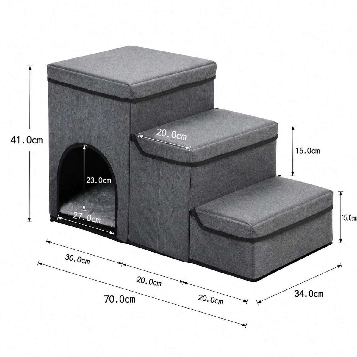 3-in-1 Pet Stairs with Built-in Pet Bed and Storage Compartments, Foldable Oxford Fabric Pet Steps for Small Dogs and Cats to Reach Bed or Sofa, Space-Saving Grey Pet Ramp (Grey)
