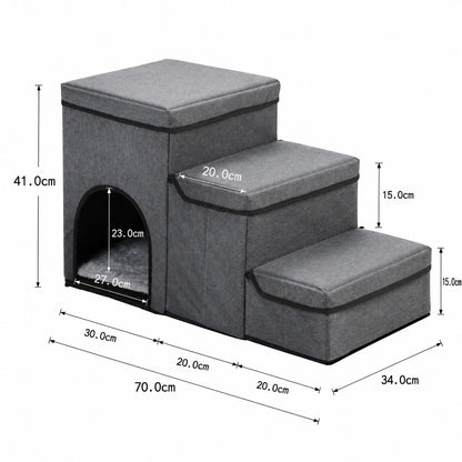 3-in-1 Pet Stairs with Built-in Pet Bed and Storage Compartments, Foldable Oxford Fabric Pet Steps for Small Dogs and Cats to Reach Bed or Sofa, Space-Saving Grey Pet Ramp (Grey)