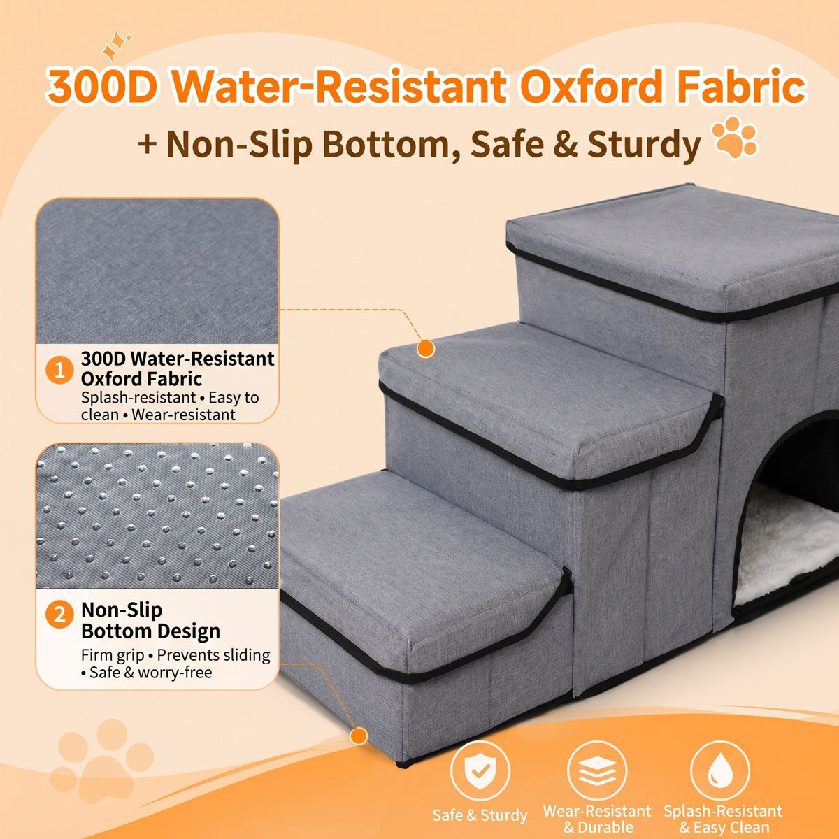 3-in-1 Pet Stairs with Built-in Pet Bed and Storage Compartments, Foldable Oxford Fabric Pet Steps for Small Dogs and Cats to Reach Bed or Sofa, Space-Saving Grey Pet Ramp (Grey)