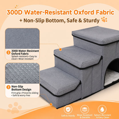 3-in-1 Pet Stairs with Built-in Pet Bed and Storage Compartments, Foldable Oxford Fabric Pet Steps for Small Dogs and Cats to Reach Bed or Sofa, Space-Saving Grey Pet Ramp (Grey)