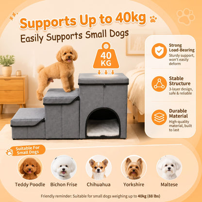 3-in-1 Pet Stairs with Built-in Pet Bed and Storage Compartments, Foldable Oxford Fabric Pet Steps for Small Dogs and Cats to Reach Bed or Sofa, Space-Saving Grey Pet Ramp (Grey)