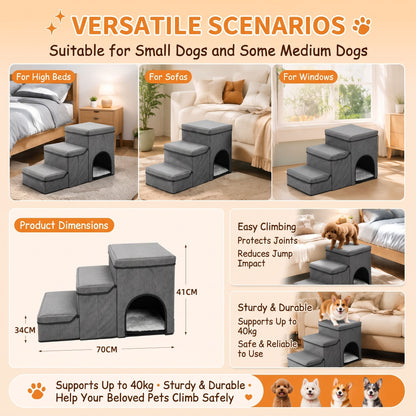 3-in-1 Pet Stairs with Built-in Pet Bed and Storage Compartments, Foldable Oxford Fabric Pet Steps for Small Dogs and Cats to Reach Bed or Sofa, Space-Saving Grey Pet Ramp (Grey)