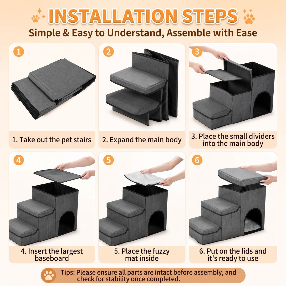 3-in-1 Pet Stairs with Built-in Pet Bed and Storage Compartments, Foldable Oxford Fabric Pet Steps for Small Dogs and Cats to Reach Bed or Sofa, Space-Saving Grey Pet Ramp (Grey)
