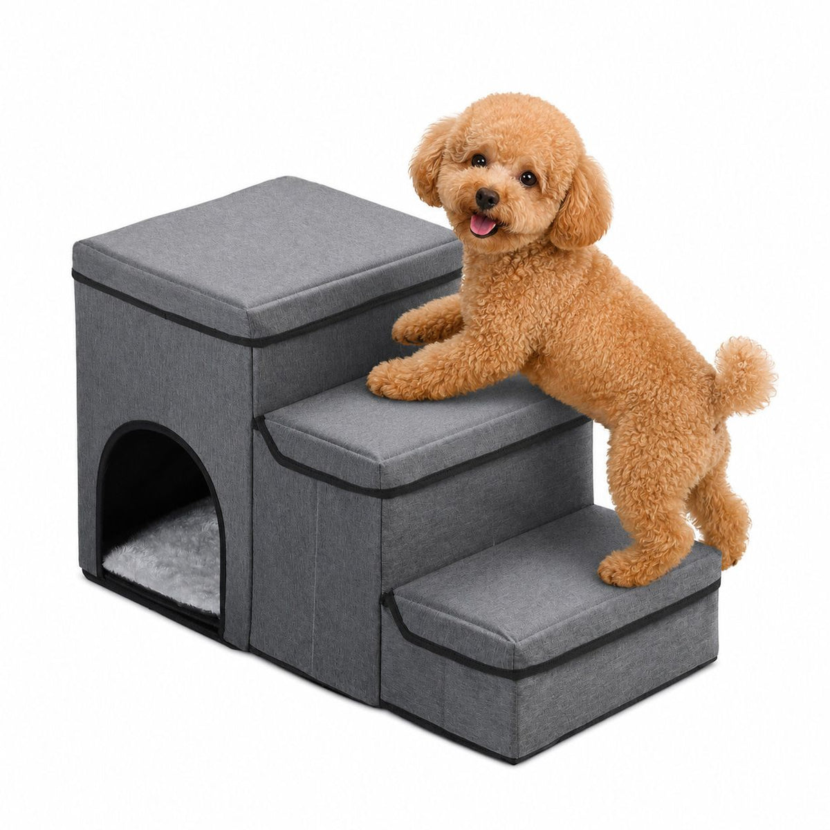 3-in-1 Pet Stairs with Built-in Pet Bed and Storage Compartments, Foldable Oxford Fabric Pet Steps for Small Dogs and Cats to Reach Bed or Sofa, Space-Saving Grey Pet Ramp (Grey)