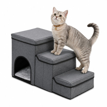 3-in-1 Pet Stairs with Built-in Pet Bed and Storage Compartments, Foldable Oxford Fabric Pet Steps for Small Dogs and Cats to Reach Bed or Sofa, Space-Saving Grey Pet Ramp (Grey)