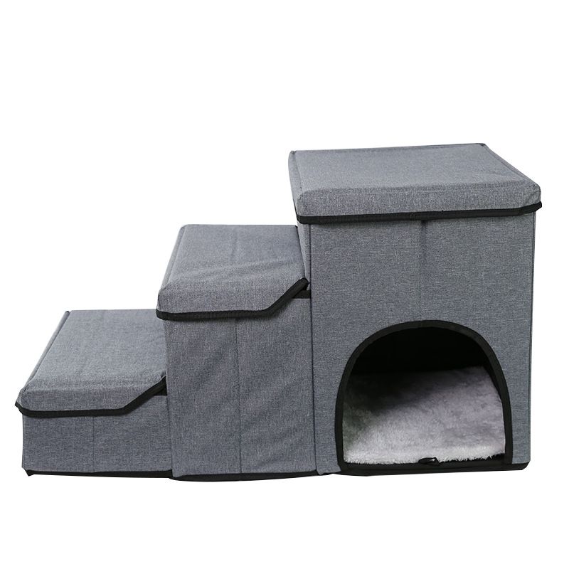 3-in-1 Pet Stairs with Built-in Pet Bed and Storage Compartments, Foldable Oxford Fabric Pet Steps for Small Dogs and Cats to Reach Bed or Sofa, Space-Saving Grey Pet Ramp (Grey)
