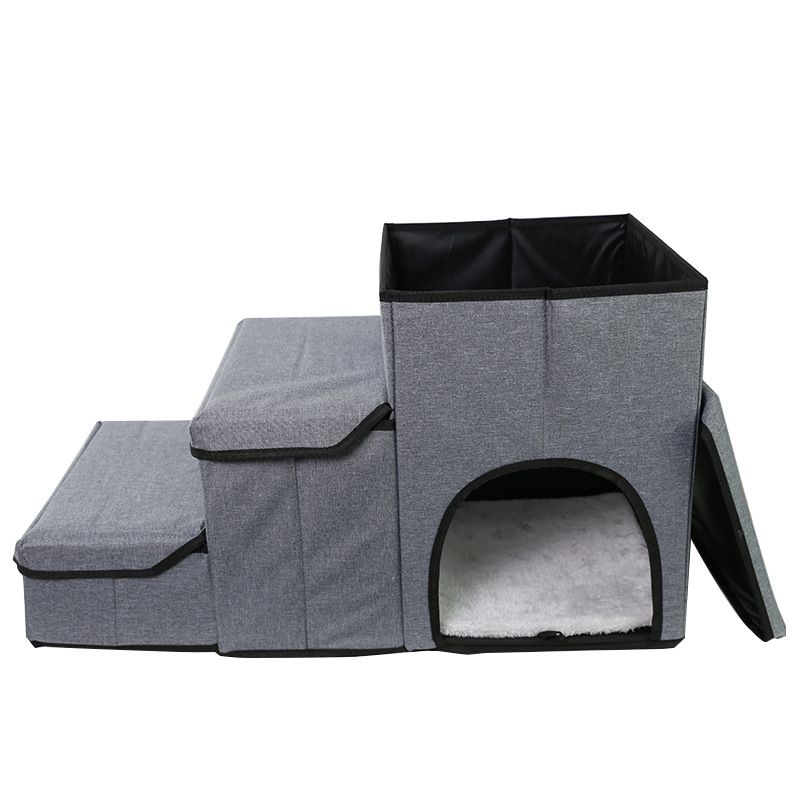 3-in-1 Pet Stairs with Built-in Pet Bed and Storage Compartments, Foldable Oxford Fabric Pet Steps for Small Dogs and Cats to Reach Bed or Sofa, Space-Saving Grey Pet Ramp (Grey)