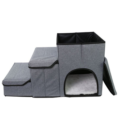 3-in-1 Pet Stairs with Built-in Pet Bed and Storage Compartments, Foldable Oxford Fabric Pet Steps for Small Dogs and Cats to Reach Bed or Sofa, Space-Saving Grey Pet Ramp (Grey)