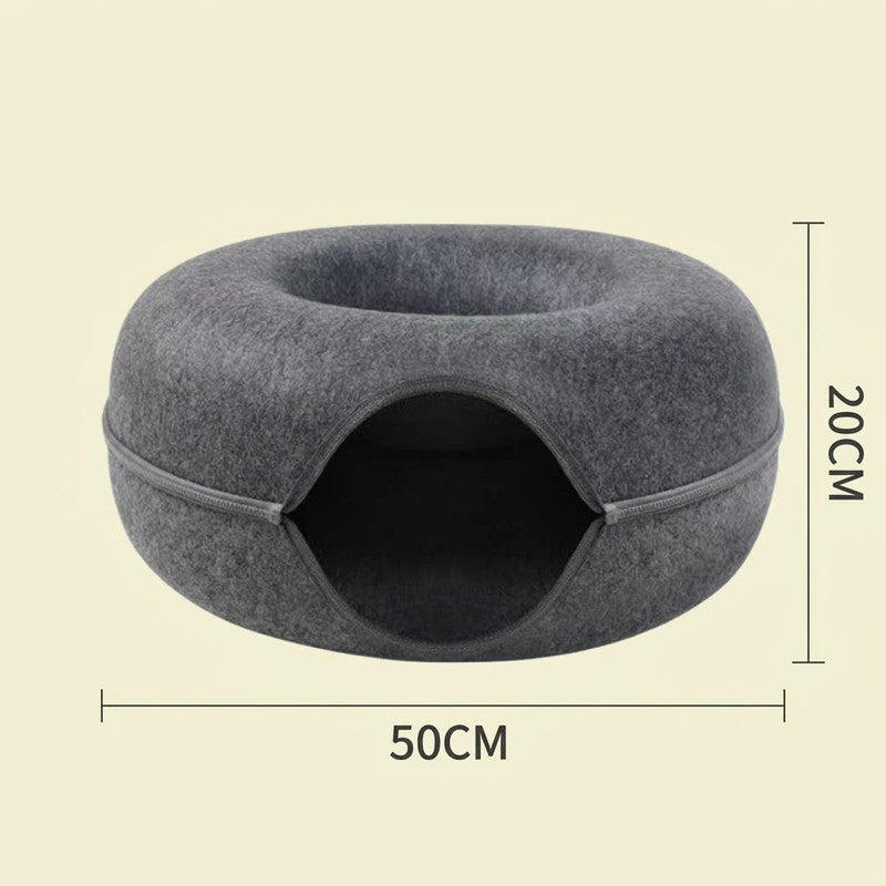 Pink Felt Donut Cat Bed with Zipper Tunnel Toy, Double-Layer Pet Cave for Cats, M Size (50x20cm), Cozy Hideaway for Indoor Cats