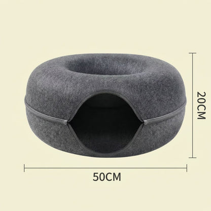 Pink Felt Donut Cat Bed with Zipper Tunnel Toy, Double-Layer Pet Cave for Cats, M Size (50x20cm), Cozy Hideaway for Indoor Cats