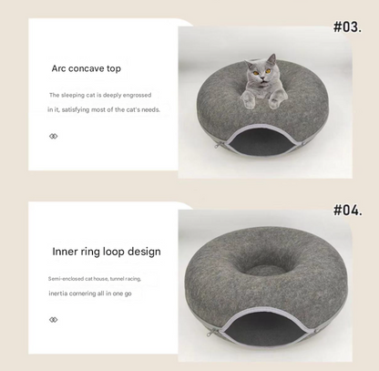 Sky blue Felt Donut Cat Bed with Zipper Tunnel Toy, Double-Layer Pet Cave for Cats, M Size (50x20cm), Cozy Hideaway for Indoor Cats