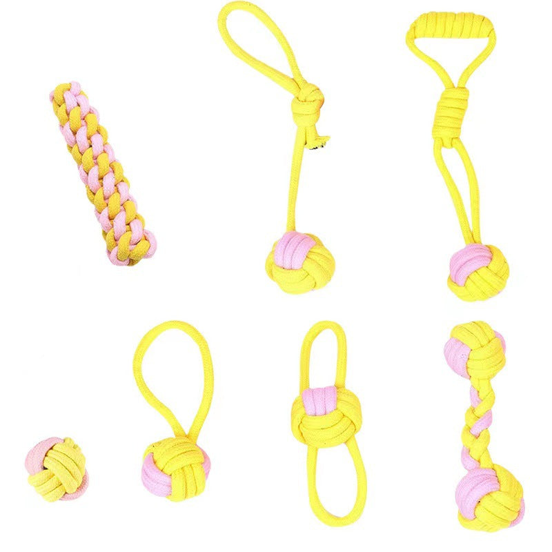Yellow and pink cotton rope dog toy set