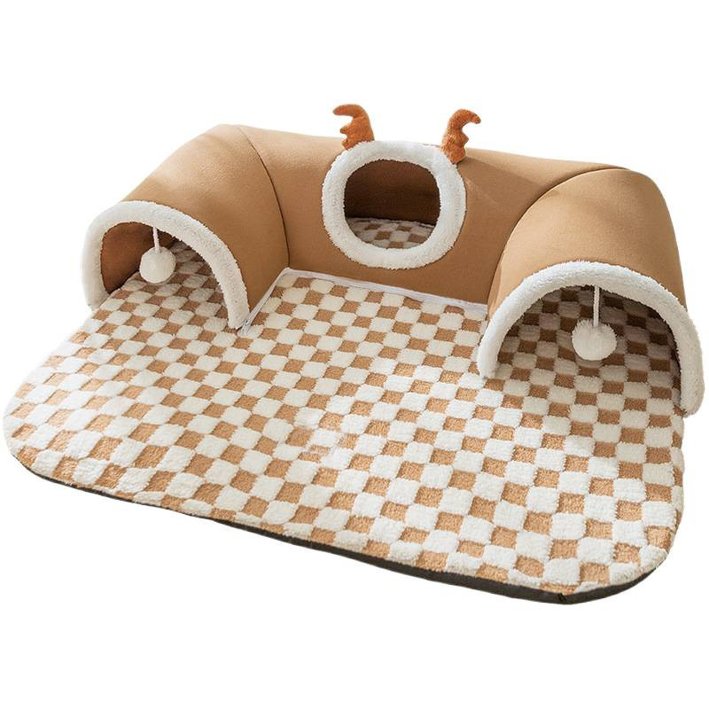 Brown U-shaped cat tunnel bed house