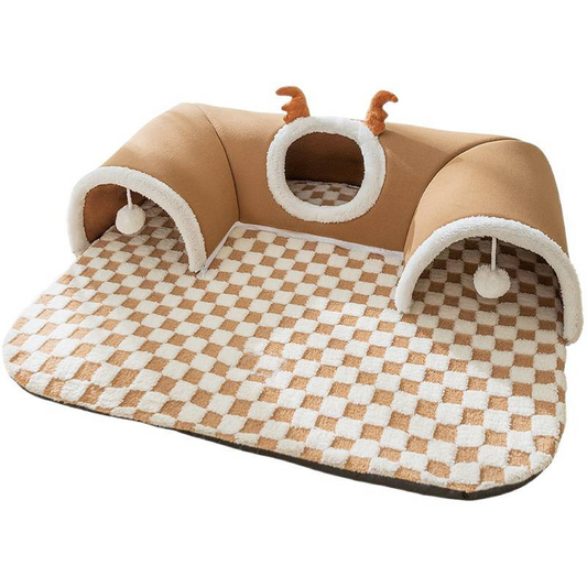 Brown U-shaped cat tunnel bed house