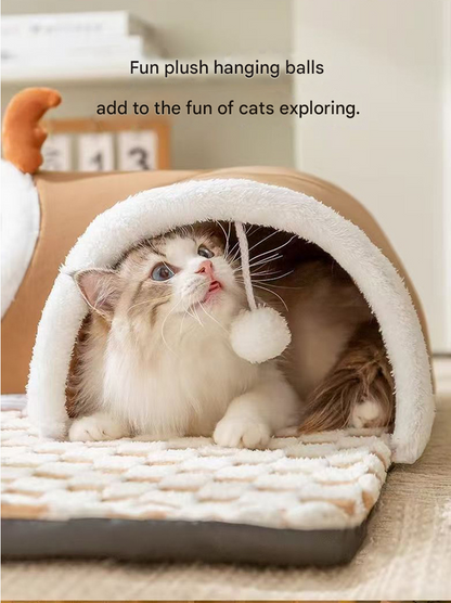 Brown  S size Cat Tunnel Bed House 4-Season Universal Removable Washable U-Shaped Cat Cave with Multi-Entrance, Plush Hideaway Pet Nest with Detachable Mat for Indoor Cats, Non-Slip Bottom, Multi-Cat Friendly