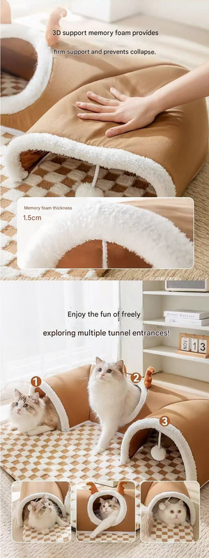 Brown  S size Cat Tunnel Bed House 4-Season Universal Removable Washable U-Shaped Cat Cave with Multi-Entrance, Plush Hideaway Pet Nest with Detachable Mat for Indoor Cats, Non-Slip Bottom, Multi-Cat Friendly