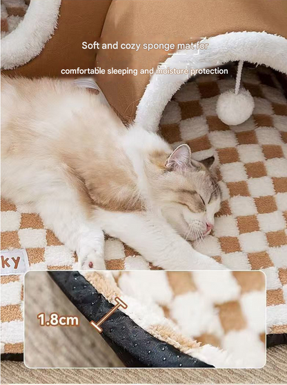 Brown XL size Cat Tunnel Bed House 4-Season Universal Removable Washable U-Shaped Cat Cave with Multi-Entrance, Plush Hideaway Pet Nest with Detachable Mat for Indoor Cats, Non-Slip Bottom, Multi-Cat Friendly